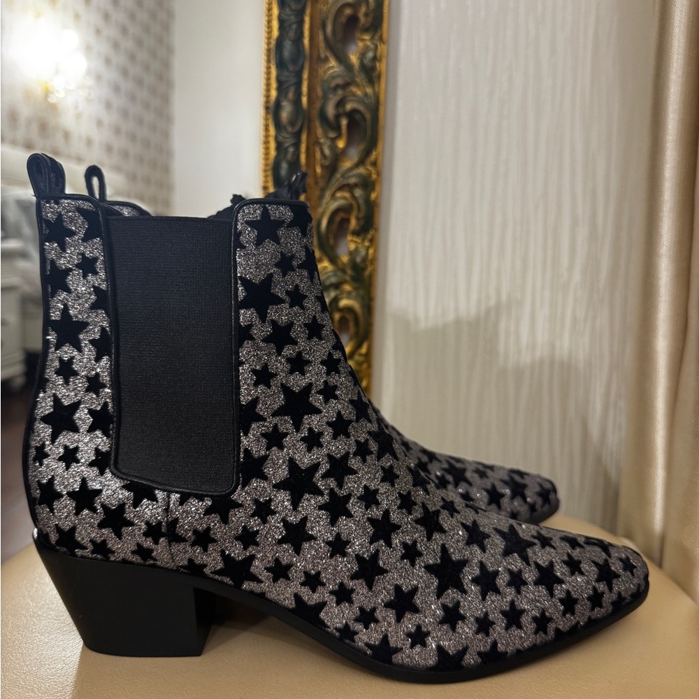 Yves Saint Laurent Black and Silver Star Ankle Boots 37 new US7 no box